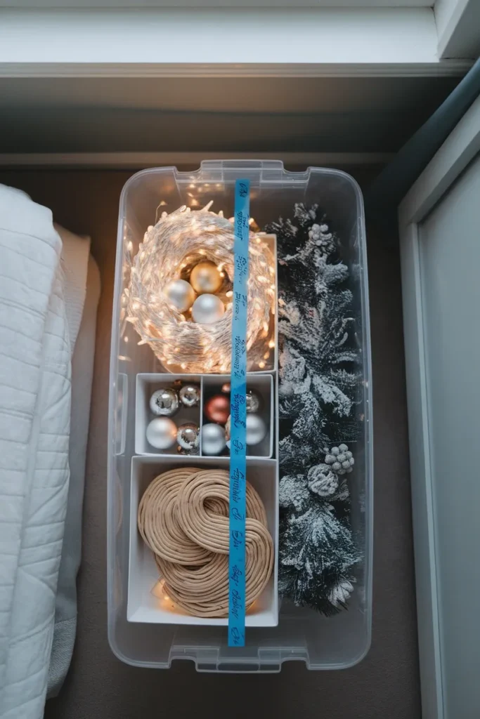 Clear 66 quart storage bin packed with coiled string lights and nested ornaments, labeled with painter's tape.