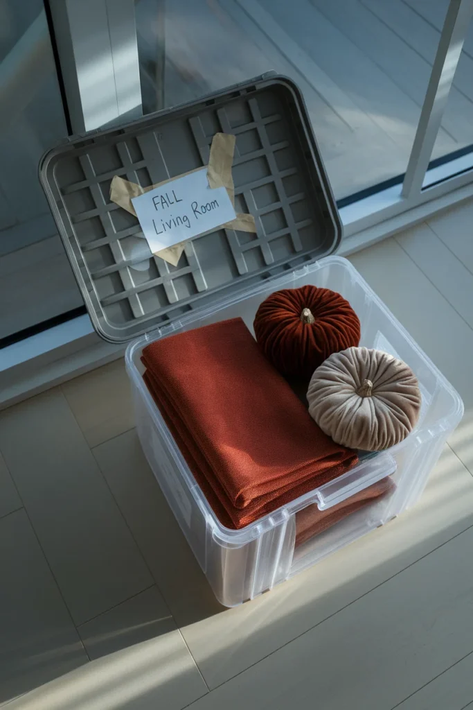 Clear storage tote packed with folded fall throws and velvet pumpkins labeled for next year.