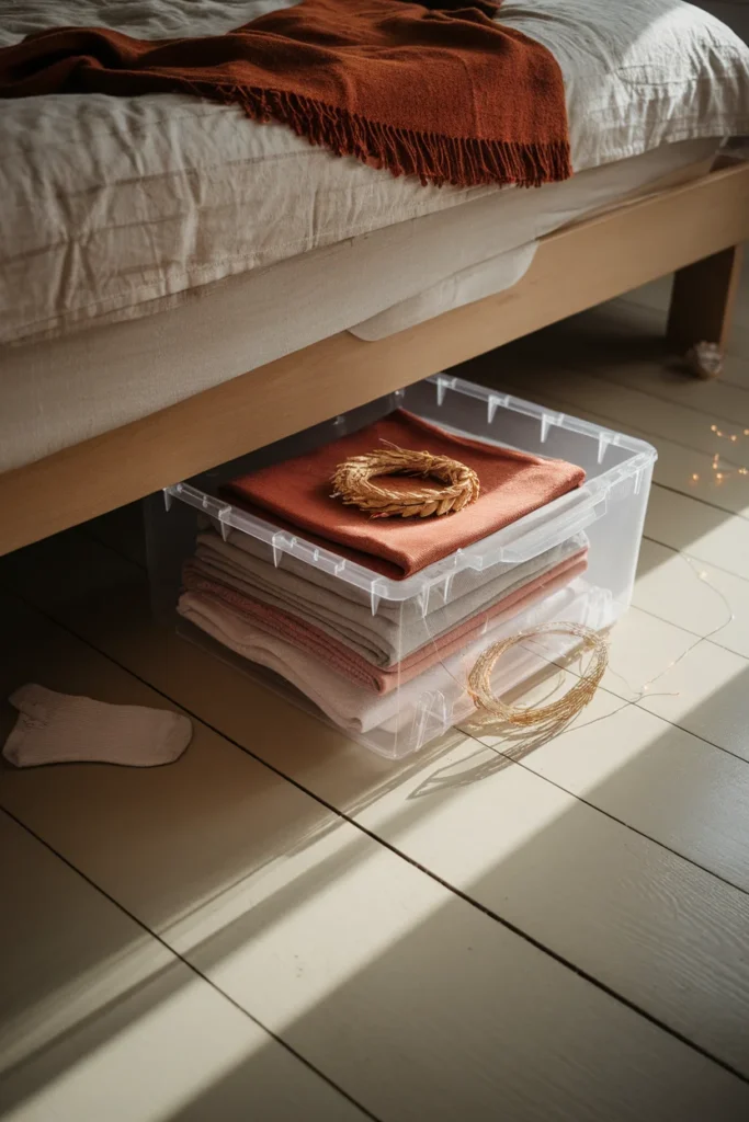 Clear under-bed bin holding a folded fall throw, pillow covers and a small wreath.