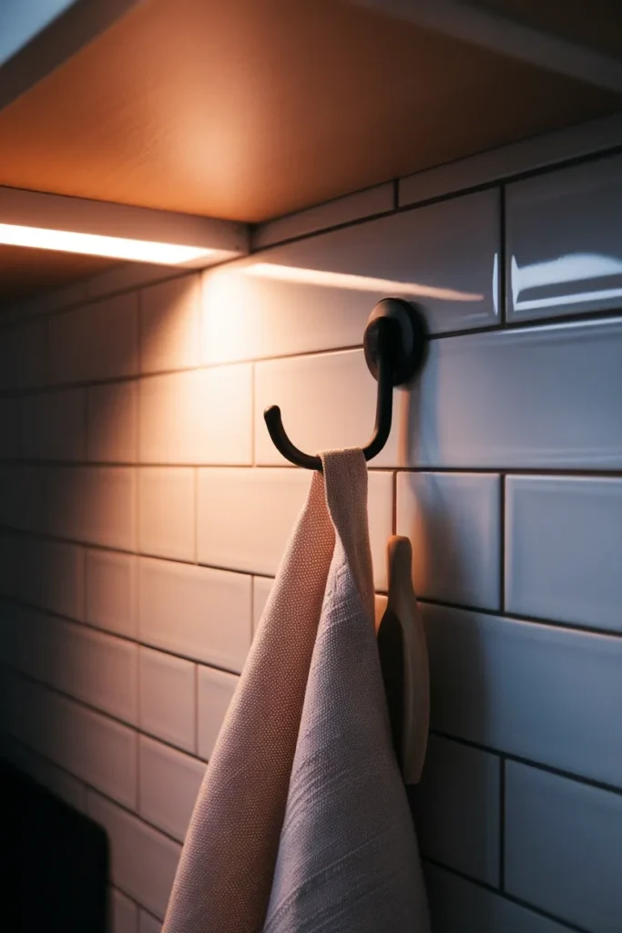 Close up of a black adhesive hook on white tile holding a linen towel in warm evening light.