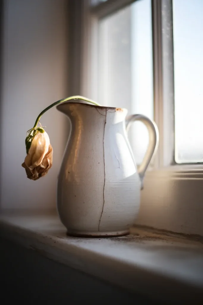 Close up of a chipped white ironstone pitcher with a wilting sweet pea on a sunlit windowsill.