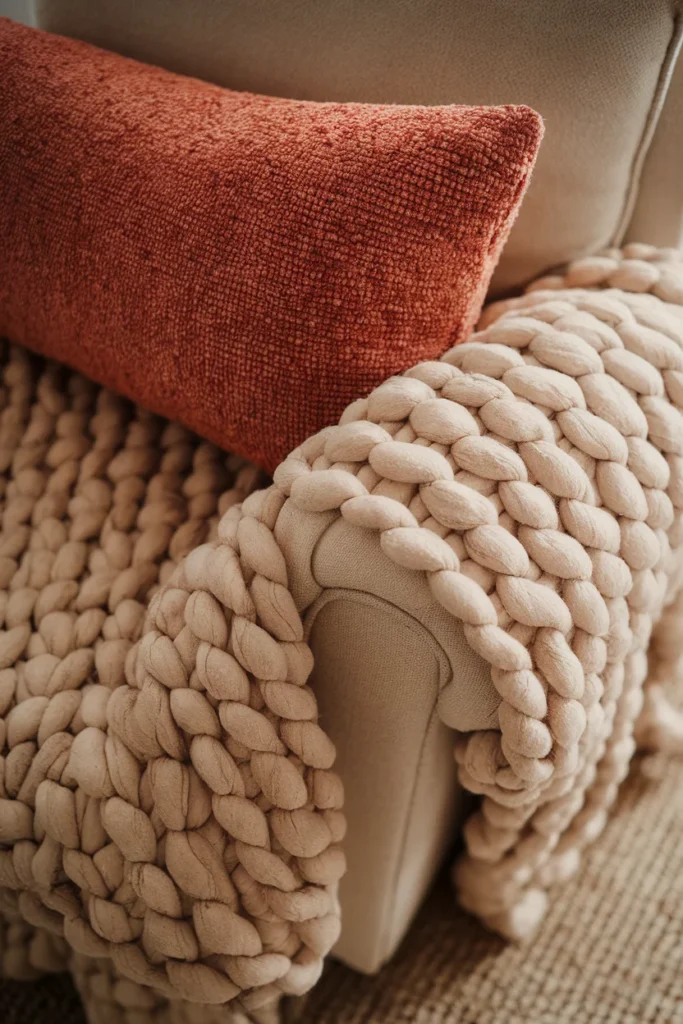 Close-up of a chunky wool throw and rust boucle pillow layered on a chair arm.