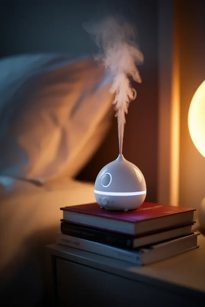 Close-up of a cool mist humidifier beside a bed at night, vapor lit by a warm bedside lamp.