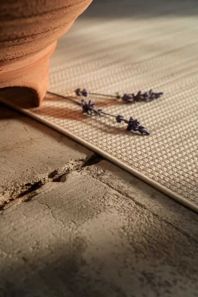 Close-up of a cream outdoor rug edge on concrete beside a terracotta pot in morning light.