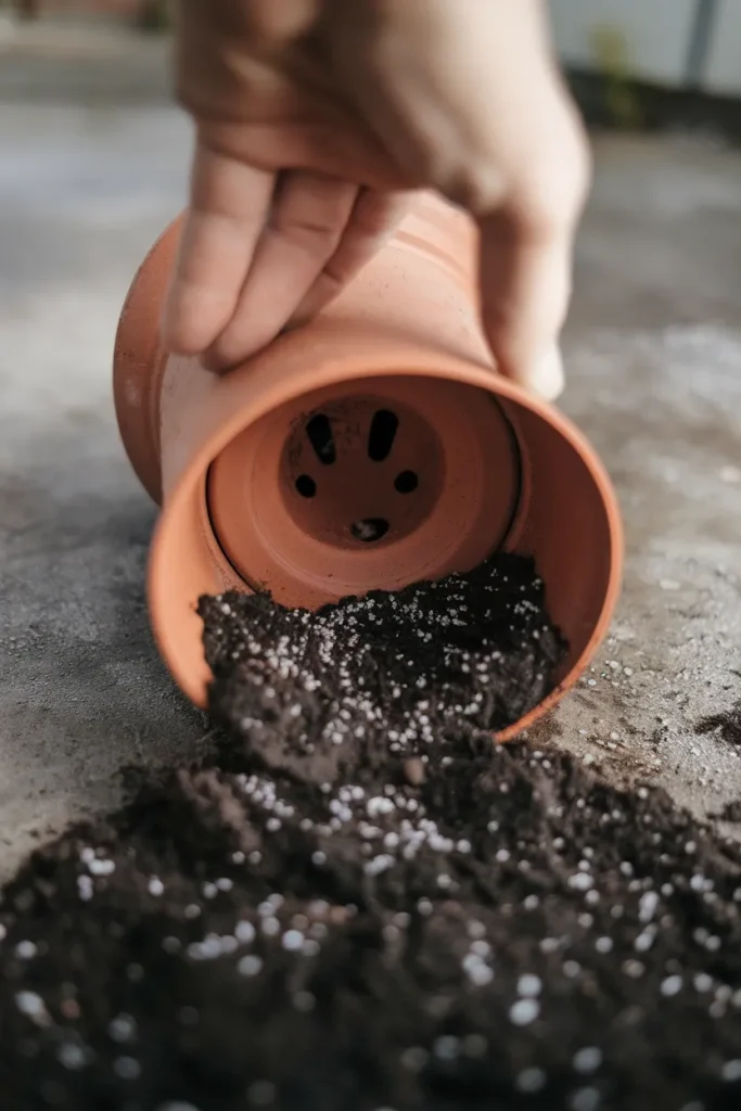 Close-up of a drainage hole in a terracotta pot filled with dark potting mix and perlite.