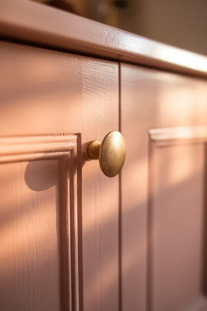 Close up of a dusty pink shaker cabinet door with an aged brass cup pull in golden light.