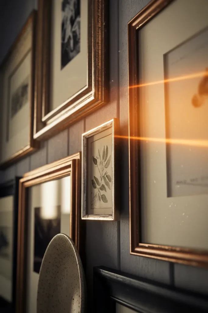Close-up of a farmhouse gallery wall corner with brass frame, botanical print and ceramic plate.