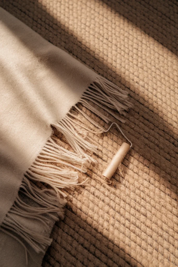Close up of a pilled wool throw and shed jute fibers on a rug with a lint roller.
