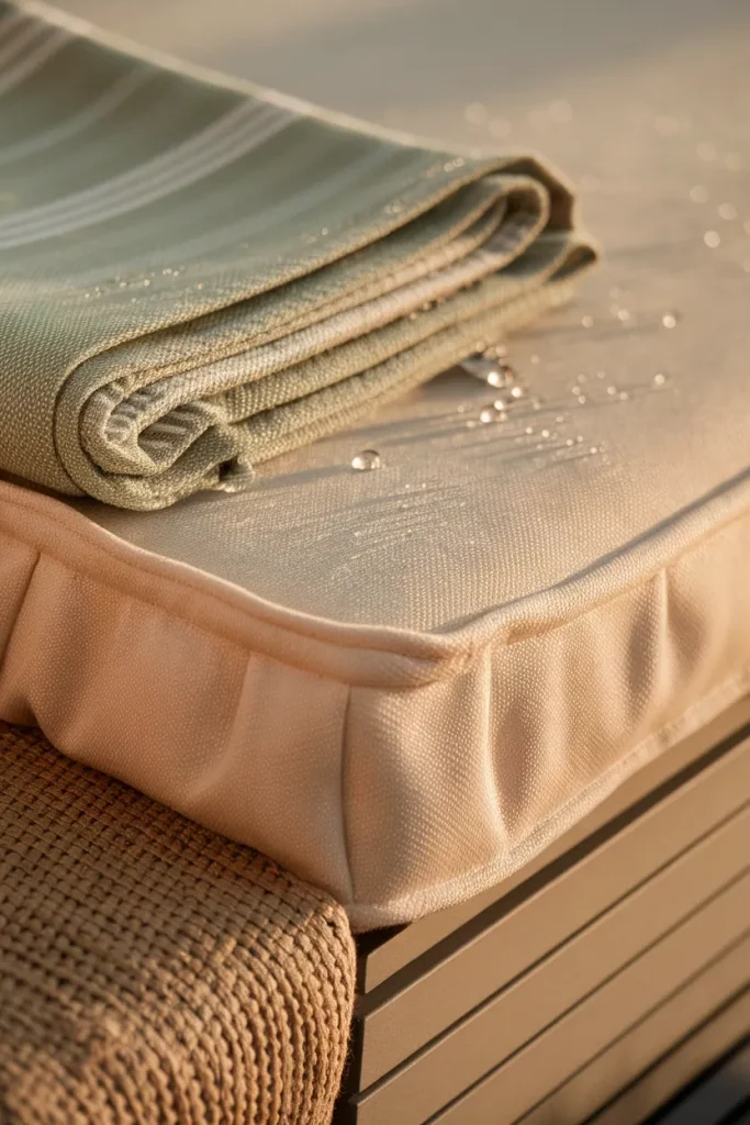 Close-up of a ruffled cream outdoor cushion, sage striped throw, and jute look patio rug with water droplets.