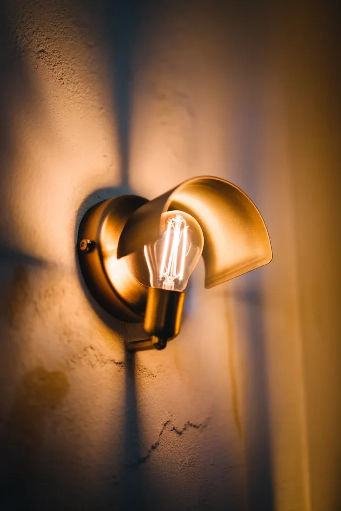 Close-up of a warm 2700K filament bulb in a brass wall sconce against textured plaster at dusk.