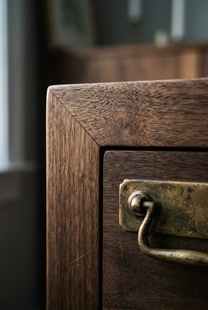 Close-up of aged walnut wood grain meeting a tarnished brass drawer pull in morning light.