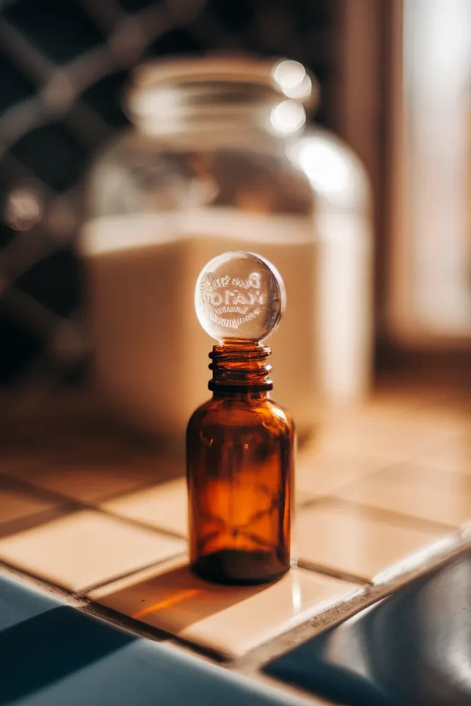 Close-up of an amber apothecary bottle in golden afternoon light on a vintage bathroom counter.