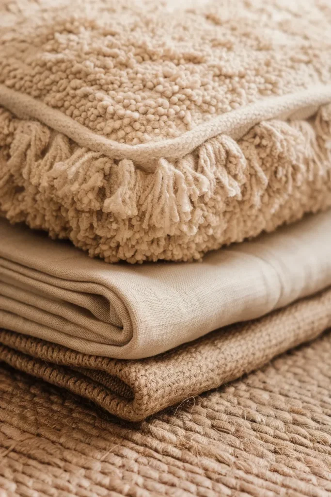 Close-up of boucle, linen, and jute textures layered together in soft window light.
