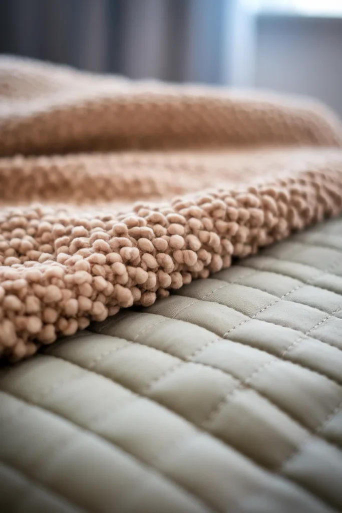 Close-up of oatmeal boucle throw folded over a sage quilt at the foot of a bed.