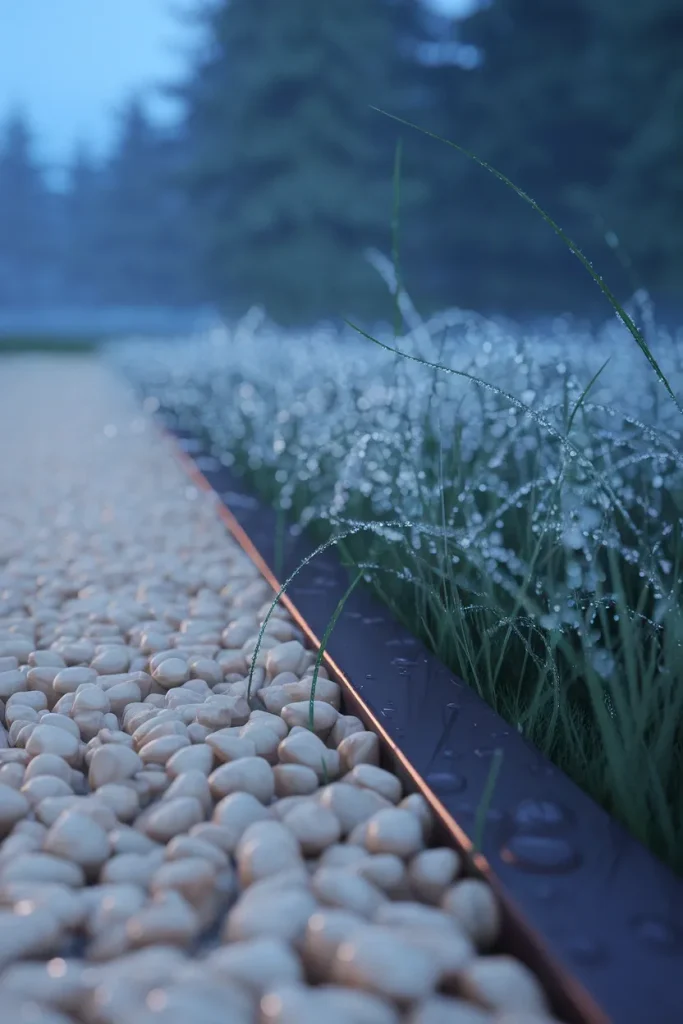 Close-up of pea gravel path edge held by dark steel edging beside dewy grass.
