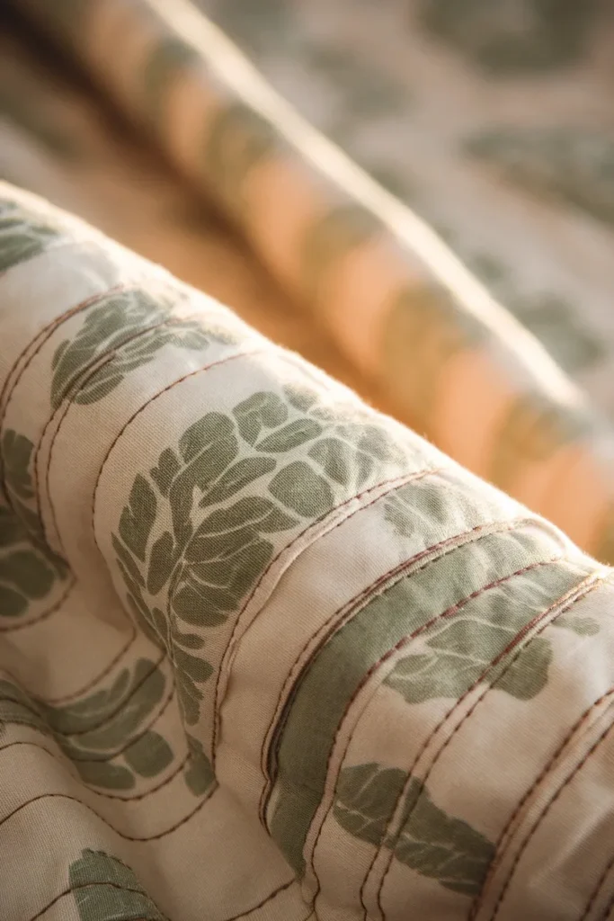 Close-up of scalloped quilt edge with faded sage botanical print in golden hour light
