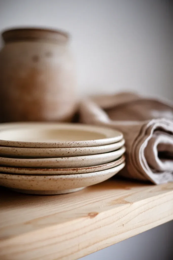 Close-up of stacked cream ironstone plates and folded linen napkin on a pine kitchen shelf.