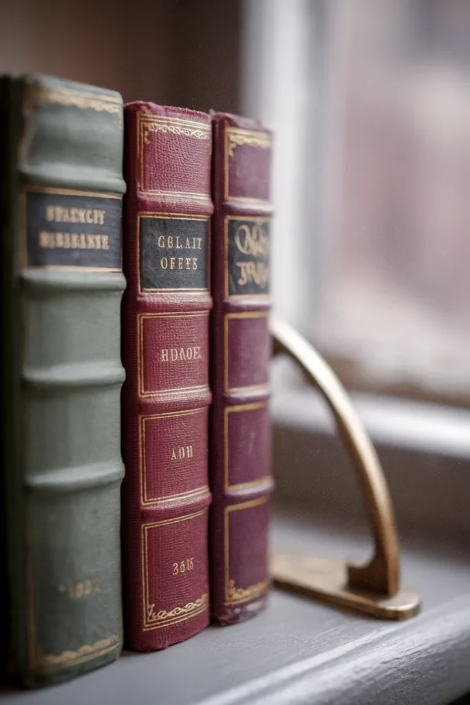 Close-up of worn cloth-bound book spines shelved upright with a tarnished brass bookend.
