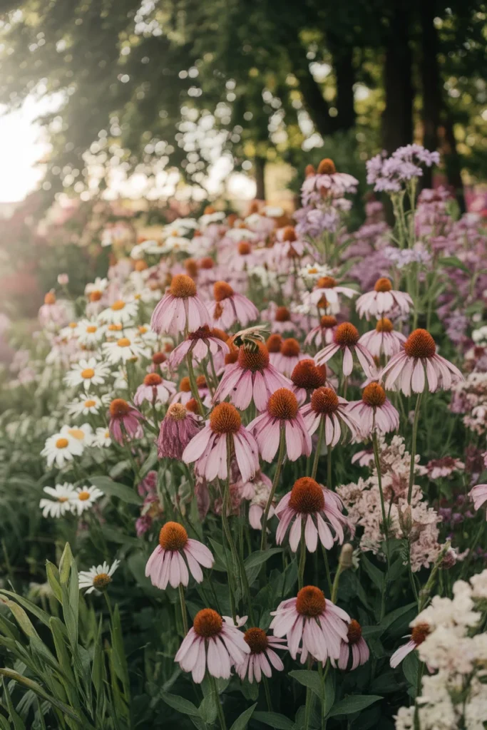 Coneflowers, Shasta daisies, and garden phlox blooming together in a mid-border planting with a bee.