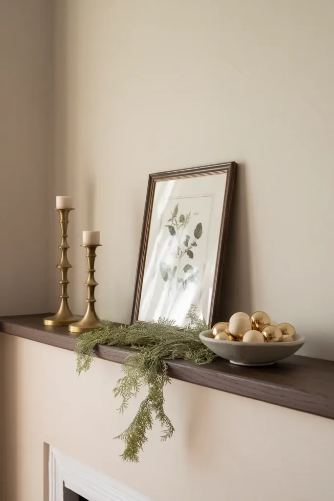 Console table styled as a mantel with brass candlesticks, cedar swag and a bowl of cream ornaments.