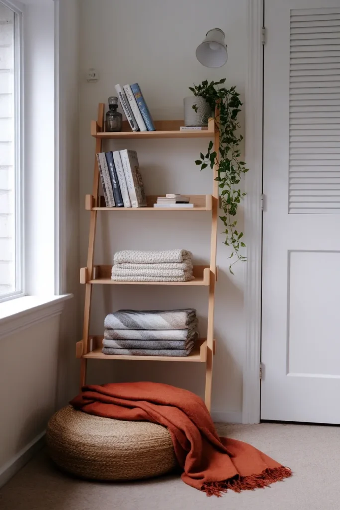 Corner beside a front door with a ladder shelf, jute floor cushion, and rust wool blanket.