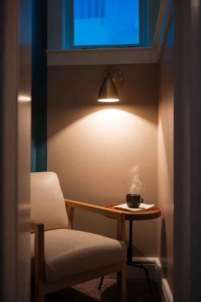 Corner reading nook with armchair, side table, and warm plug-in sconce at dusk.