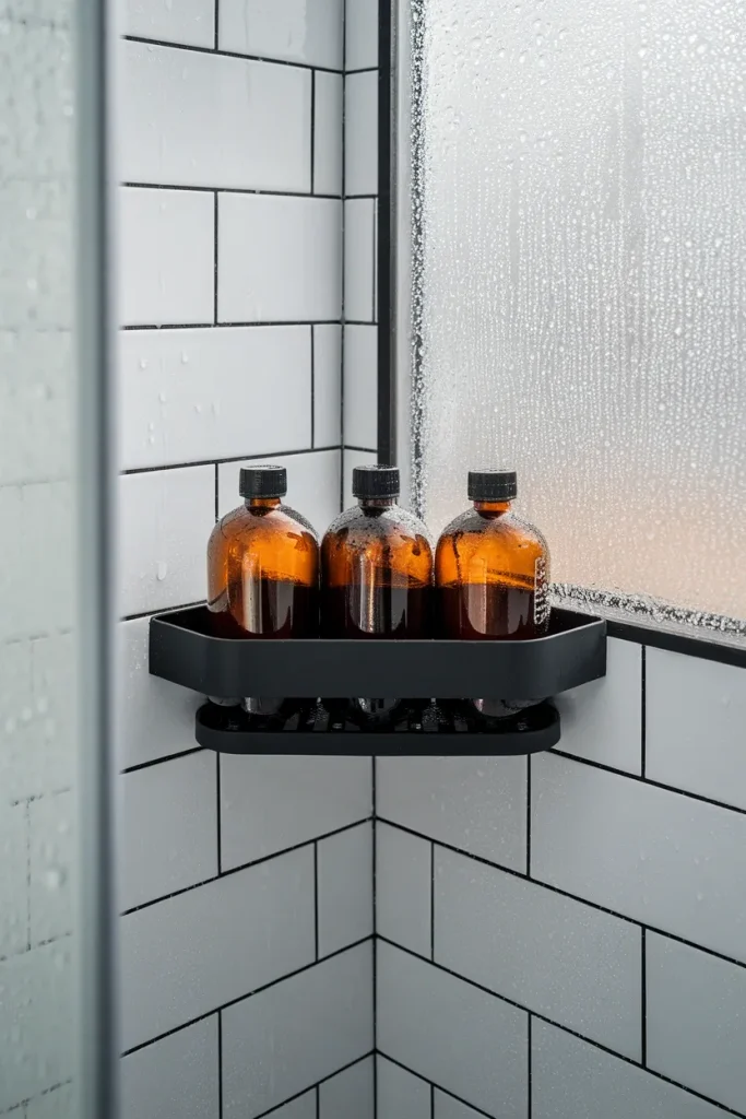 Corner shower caddy with three bottles, a small bathroom storage idea with no drilling.