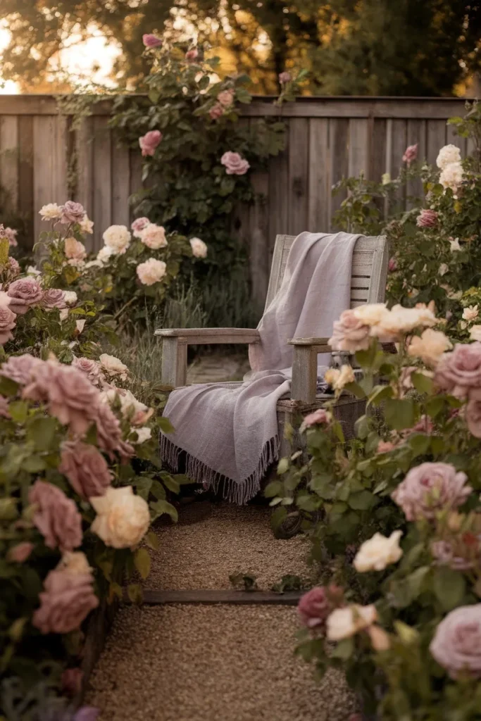 Cottage garden flowers in pink and cream layered along a gravel path beside a wooden reading chair at golden hour.
