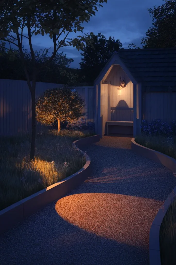 Cottage garden path at dusk lit by warm uplights leading to a glowing seating alcove.