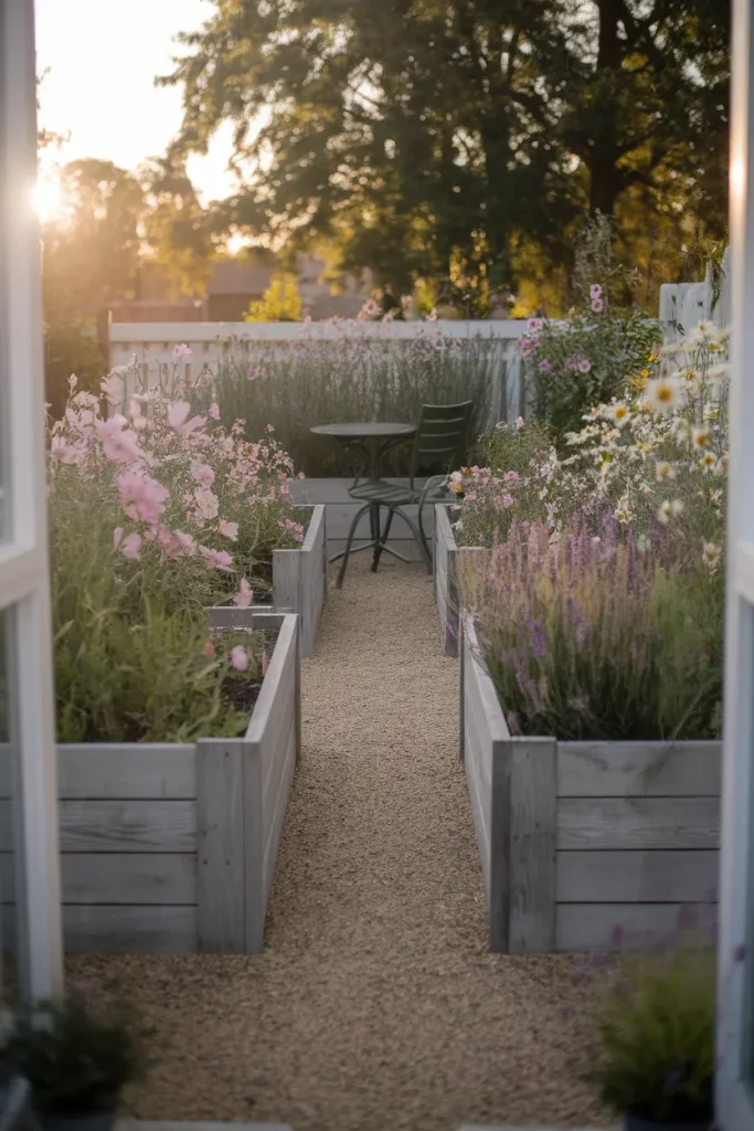 Cottage garden raised beds in weathered cedar with cosmos and salvia spilling over the edges at golden hour.