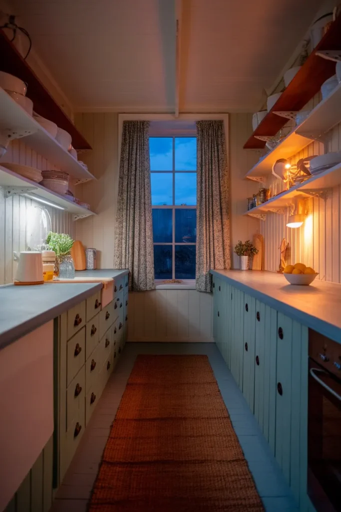 Cottage kitchen at dusk with warmly lit open shelving, cafe curtain, and lemons on the counter.