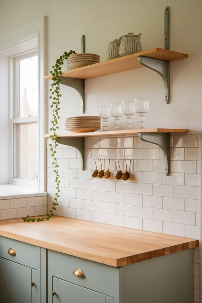 Cottage kitchen open shelving with cream stoneware plates and glasses above a butcher block counter.