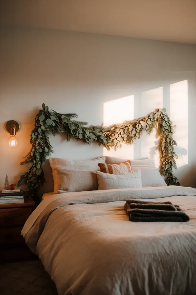 Cottagecore Christmas bedroom with cedar garland over the headboard and warm sconce light.