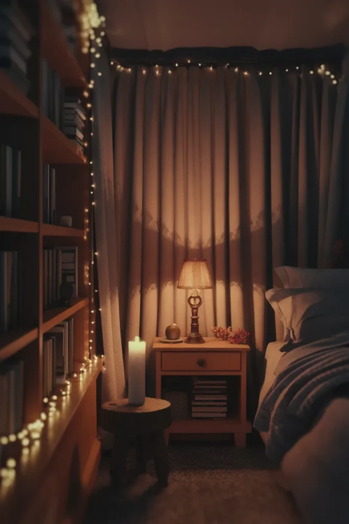 Cottagecore bedroom at night lit by lamp, candle, and fairy lights with curtains drawn.