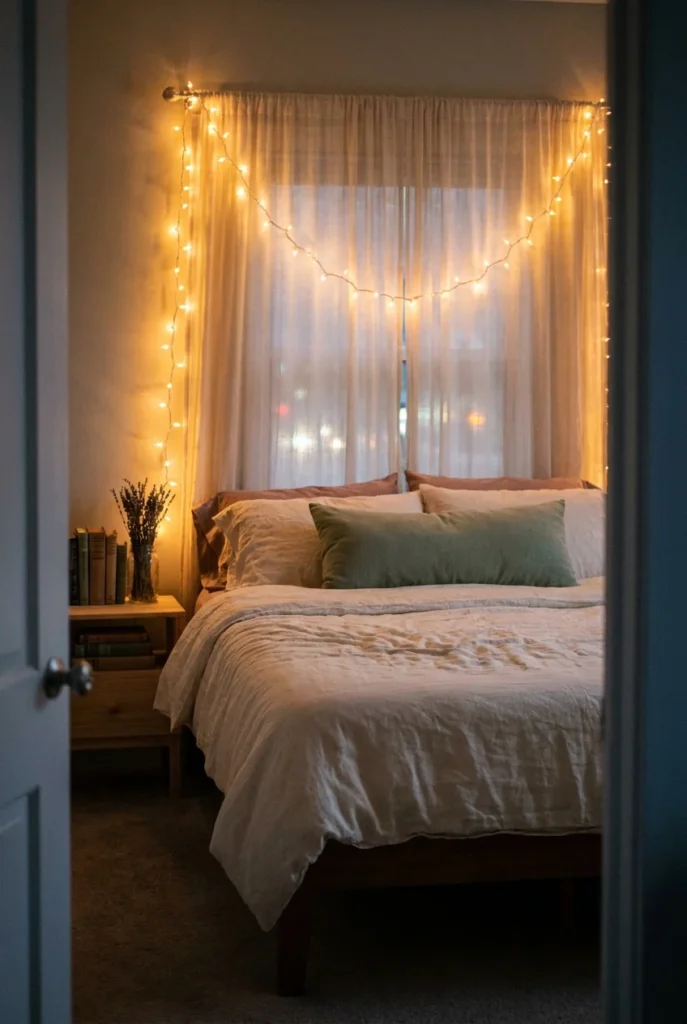 Cottagecore bedroom fairy lights swagged above a linen bed at dusk with sheer curtains glowing behind.