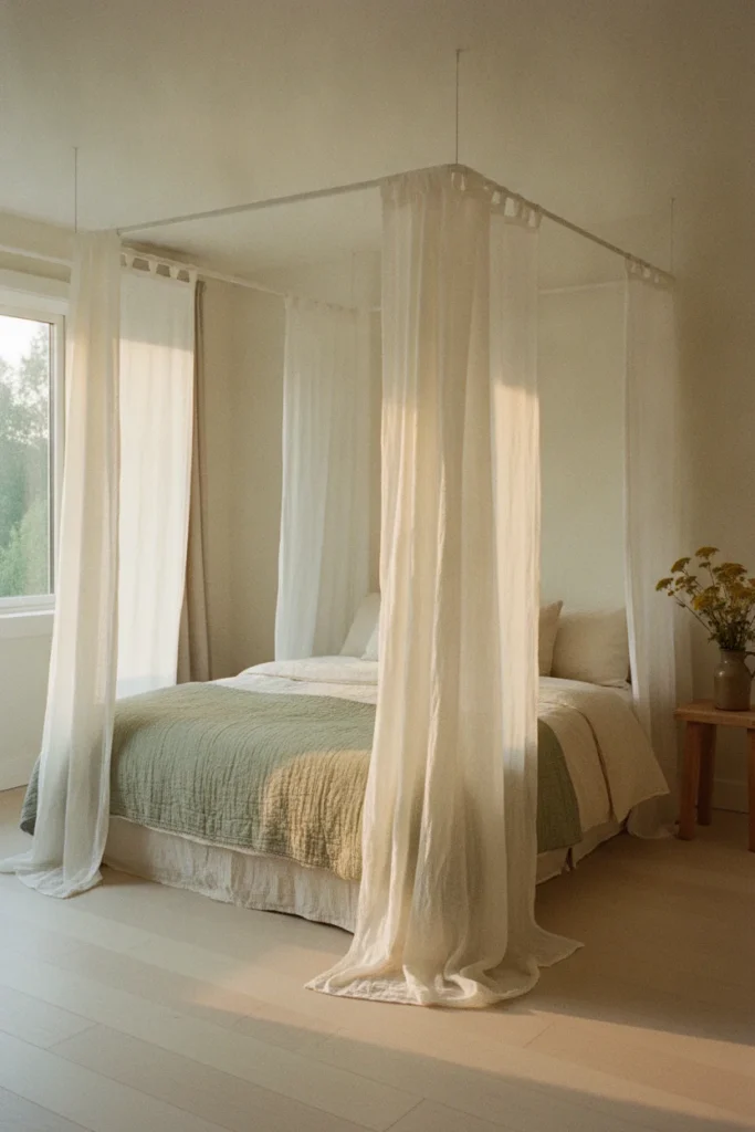 Canopy Bed Cottagecore: with ivory linen panels on a ceiling rail in golden afternoon light.