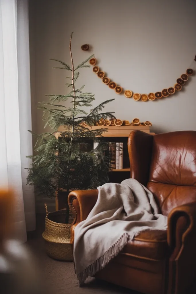 Cottagecore christmas decor in a small apartment corner with dried orange garland and a potted fir.