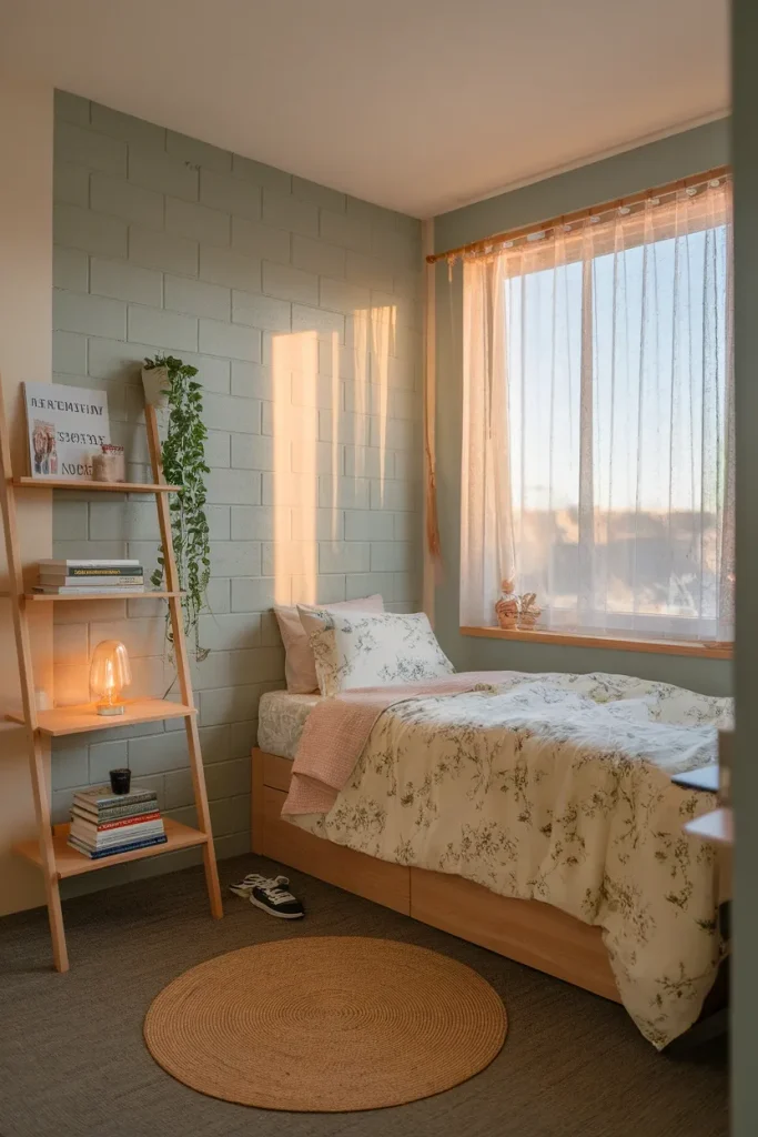 Cottagecore dorm room with floral Twin XL bedding, cafe curtain, and a warm lamp in afternoon light.