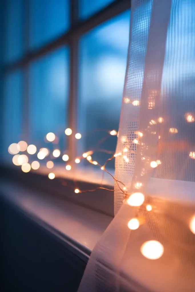 Cottagecore fairy lights glowing softly behind a sheer white bedroom curtain at dusk.