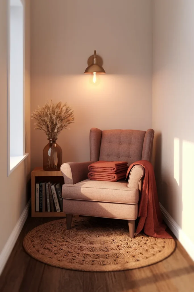 Cottagecore fall decor corner with rust throw, dried wheat, and a warm brass sconce.