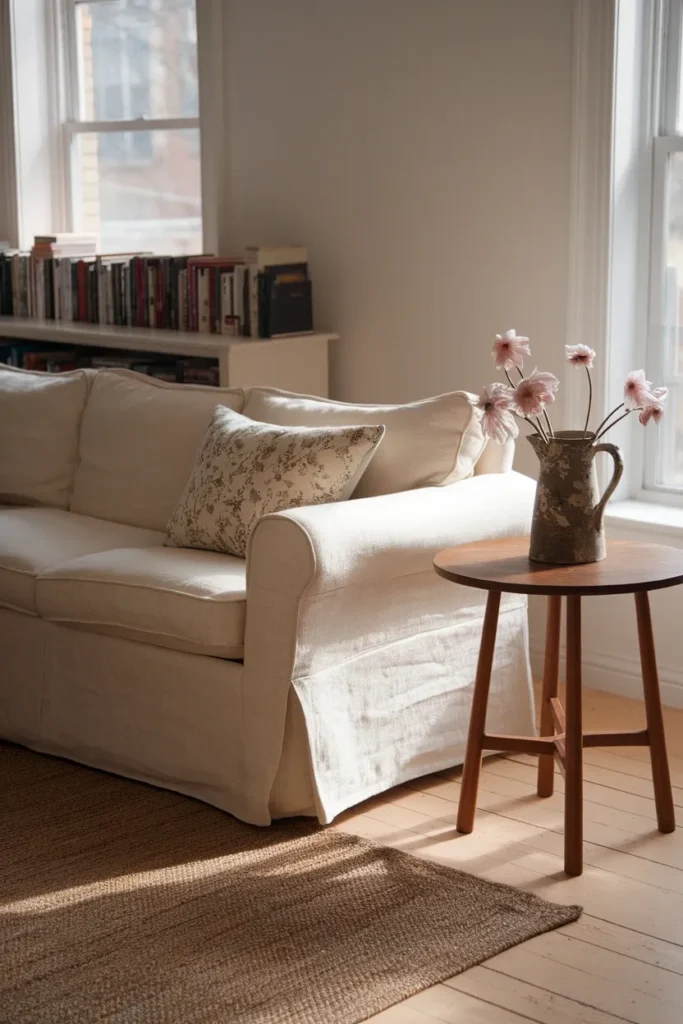 Cottagecore home decor living room with linen sofa, jute rug and cut flowers in morning light.