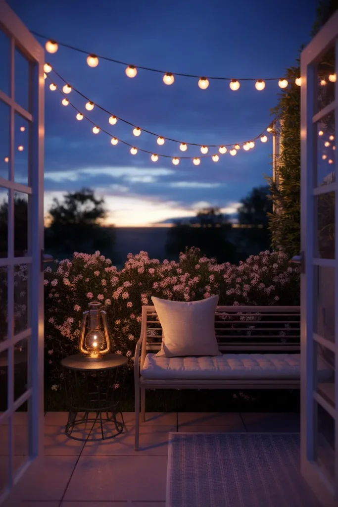 Cottagecore patio at blue hour with warm 2700K string lights and a lit brass lantern on a side table.