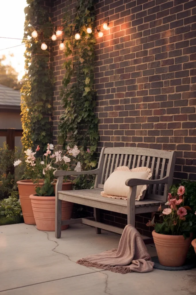 Cottagecore patio decor with a wooden bench, cream cushion, terracotta pots, and warm string lights at golden hour.