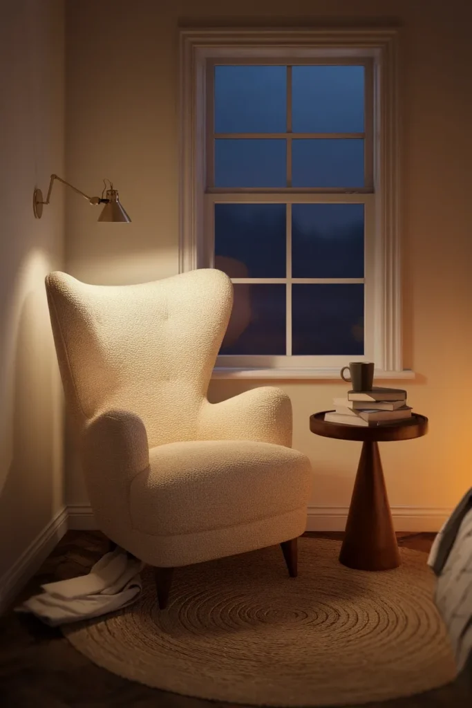 Cottagecore reading corner with boucle armchair, jute rug and warm brass reading light.