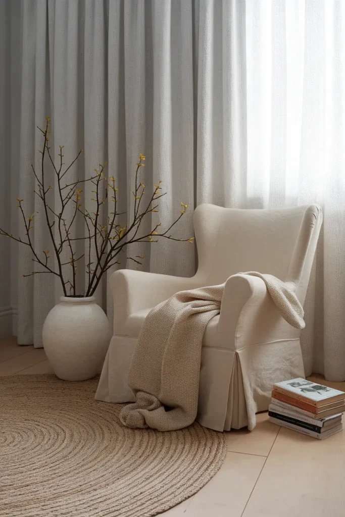 Cottagecore spring decor corner with linen chair, forsythia branches, and sheer curtains in morning light.