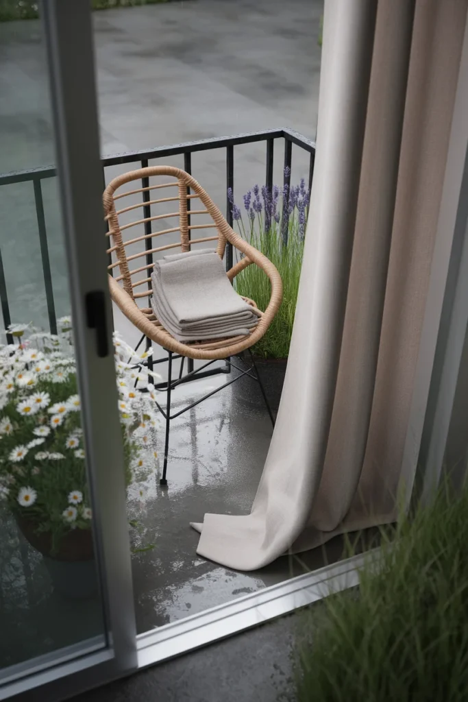 Covered balcony garden with a linen curtain, rattan chair and rain-beaded pots on a gray day.