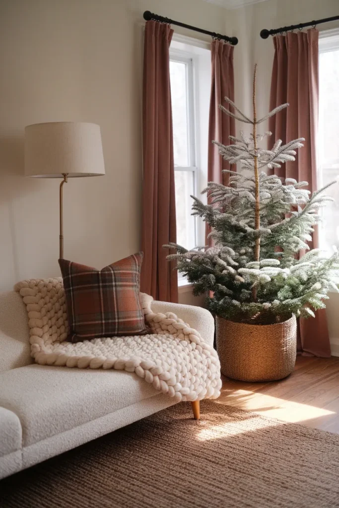 Cozy Christmas living room in a small rental with slim tree, warm lamp light, and layered throws.