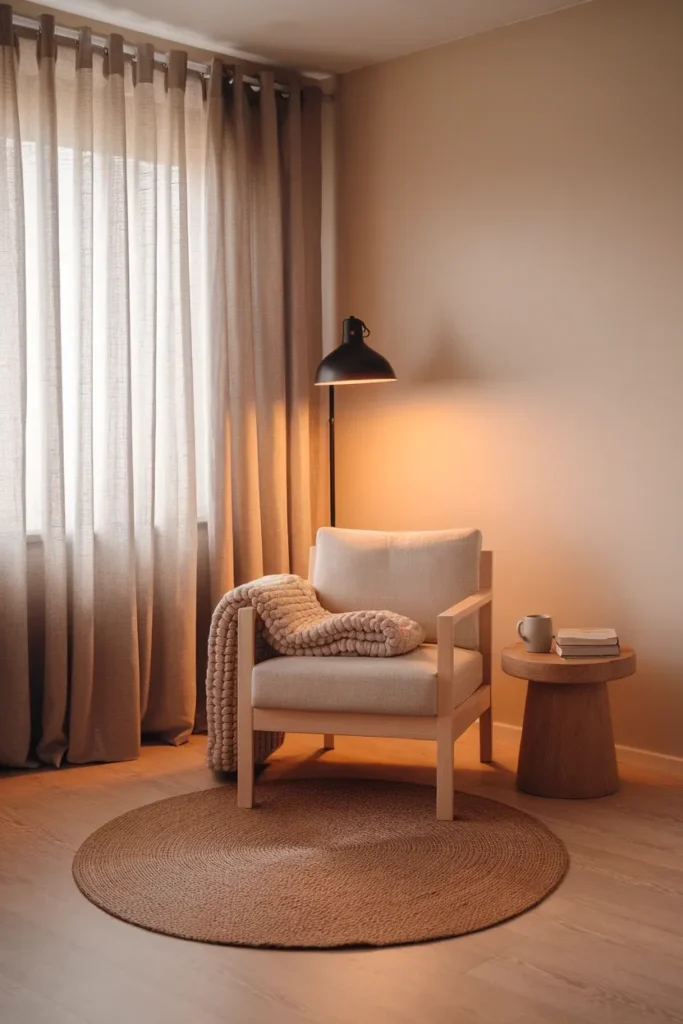 Cozy apartment decor corner with birch armchair, warm floor lamp, jute rug, and linen curtains.