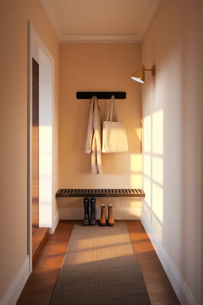 Cozy entryway decor ideas narrow black bench, knob rack, brass sconce on a cream wall.