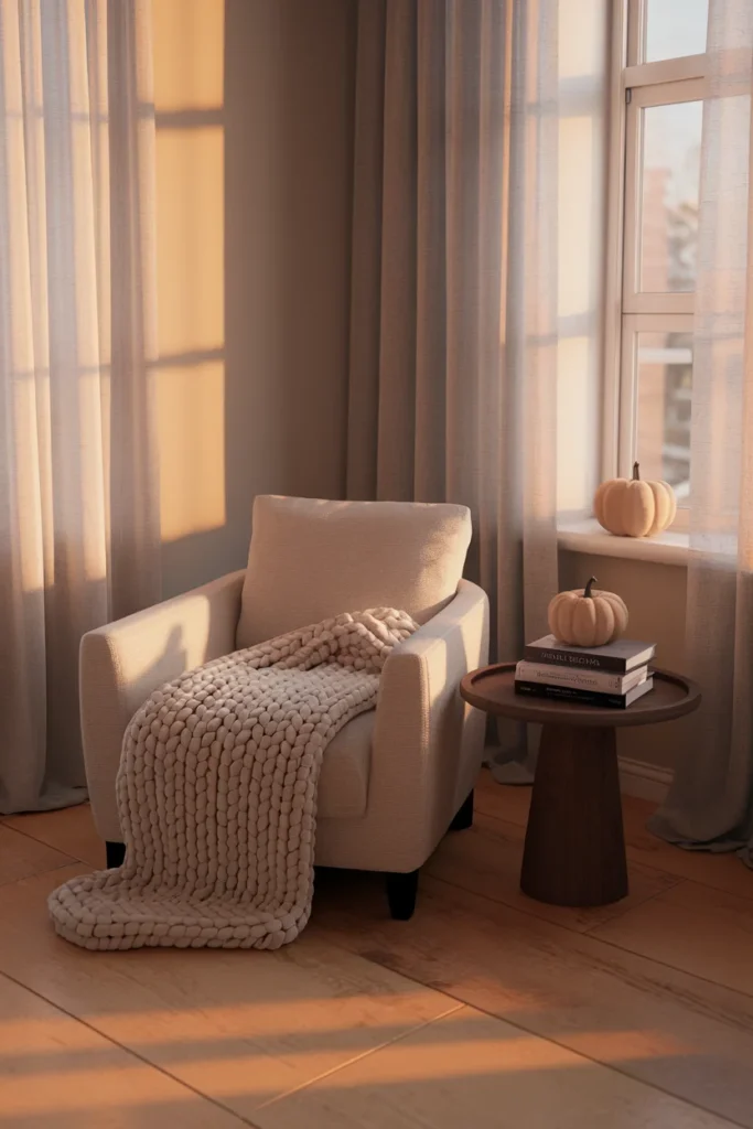 Cozy fall home decor corner with cream knit throw, bone pumpkin and golden afternoon light.